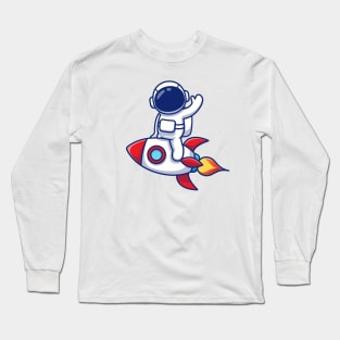 Cute Astronaut Riding Rocket And Waving Long Sleeve T-Shirt